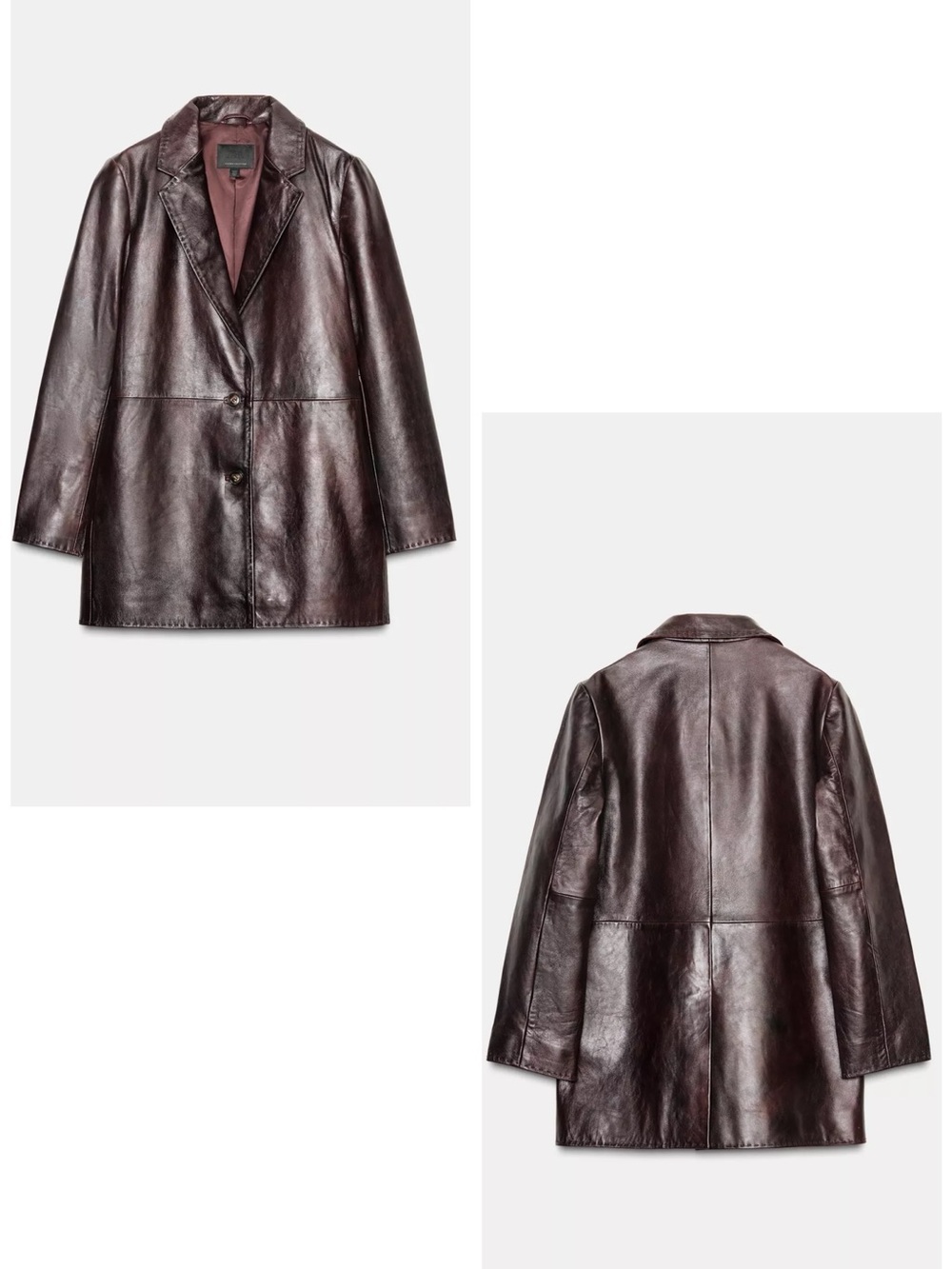 Zara 100% Leather Topstitching Coat Jacket Long Sleeves Button Up Lapel Collar - Picture 6 of 16